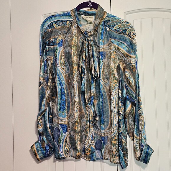 Vintage The Silk Farm Paisley‎ Silk Blouse Gold Metallic Thread Bow Size 8 - Picture 1 of 7